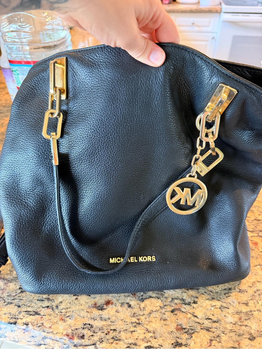 Michael Kors Black Pebbled Leather Shoulder Bag with Gold Hardware